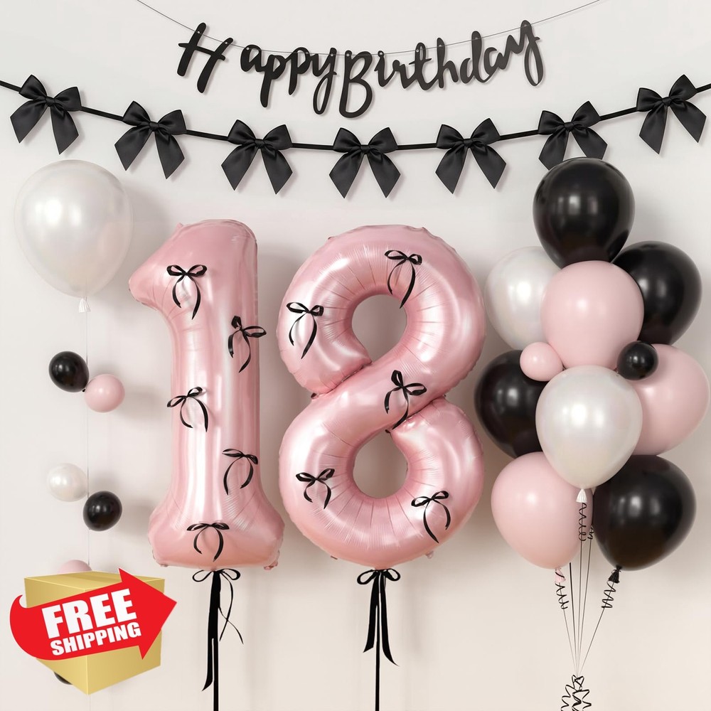 38Pcs Happy 18th Birthday Decorations for Girls, White Pink and Black Birthda…