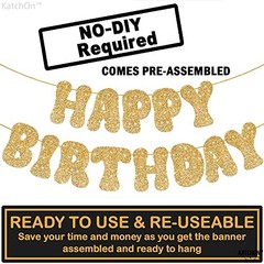 Happy Birthday Banner – Pre-strung, 10 Feet | Gold Happy Birthday Glitter Gold