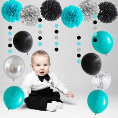 ANSOMO Black Teal Blue and Silver Happy Birthday Party Decorations Turquoise …