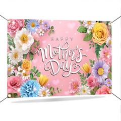 Mother’s Day Backdrop Pink Flowers Happy Mothers Day Banner Backdrop for Photogr