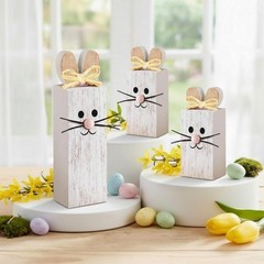 3 PCS Easter Table Decor Bunny Wooden Tiered Tray Rabbit Block Sign Shelf