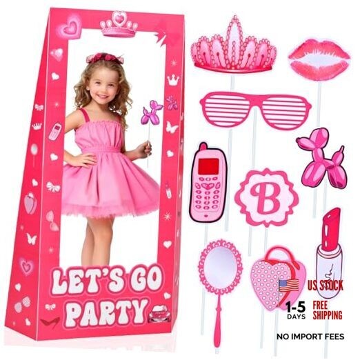 4.5FT Life Size Doll Photo Booth with 9Pcs Photo Props, Pink Princess Birthday