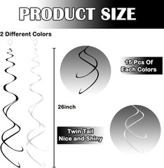 30 PCS Hanging Swirl Decorations Black Silver, Party Streamers Ceiling 24 in