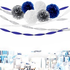 Graduation Streamers, 9 Rolls Crepe Paper, Navy Blue Silver, Grey