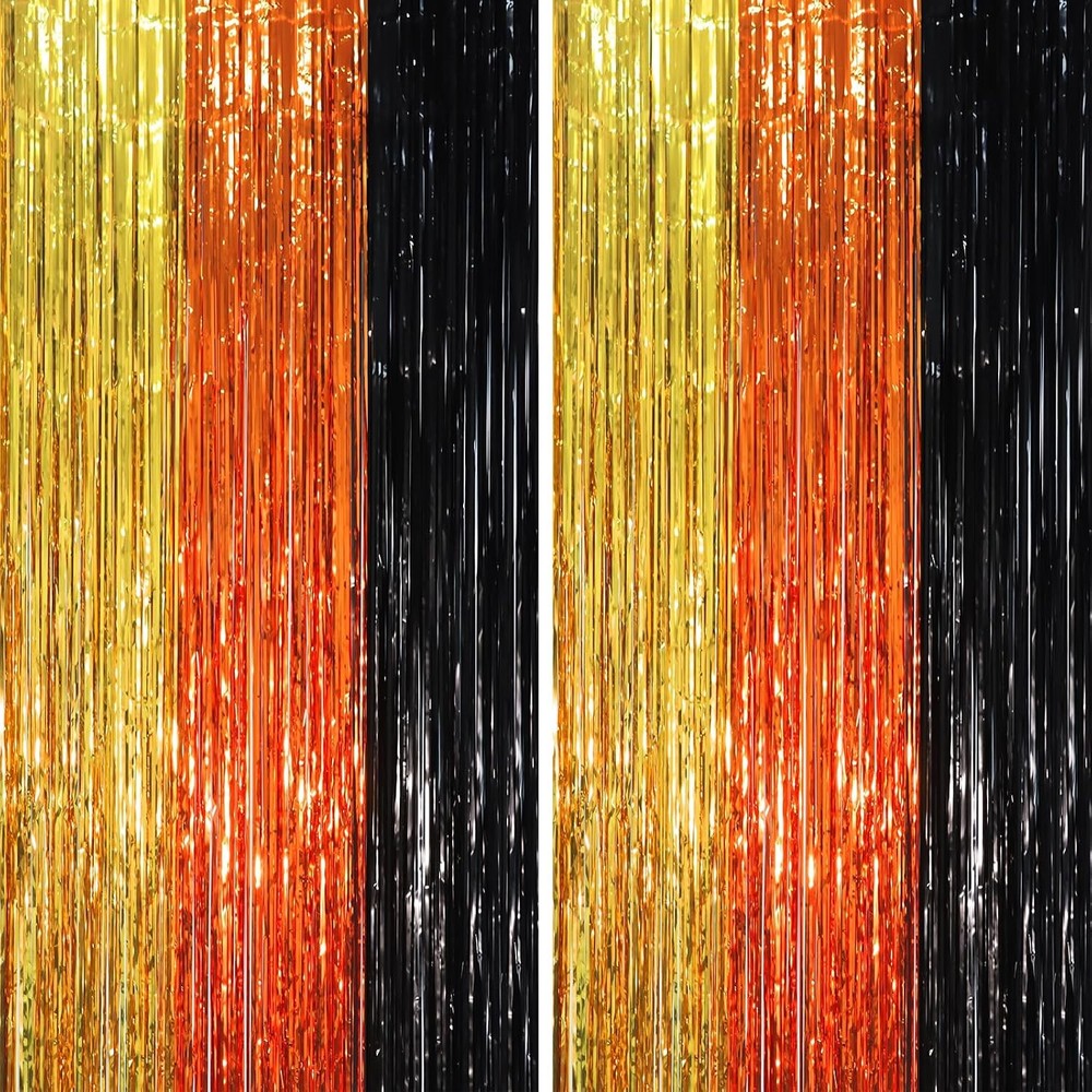 2 Pack Black Gold Orange Foil Fringe Backdrop Curtains Tinsel Streamers Party
