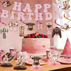 Coquettte Bows Decorations, 14 Pcs Pink Western Cowgirl Banner Hanging Swirls…