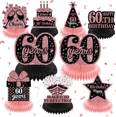 9Pcs Rose Gold 60Th Birthday Decorations Rose Gold Black Happy 60Th Birthday Tab