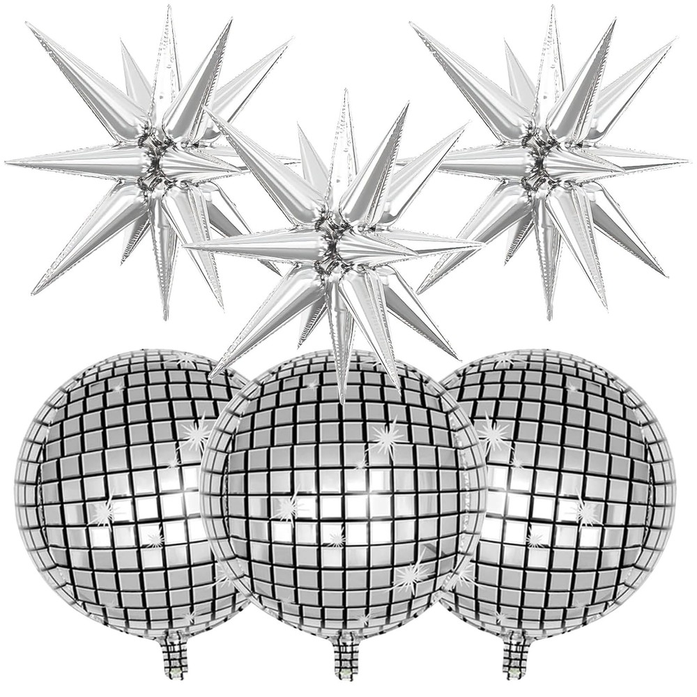 6Pcs 22Inch Silver Star Balloon and Metallic 4D Round Balloon, Star burst Bal…