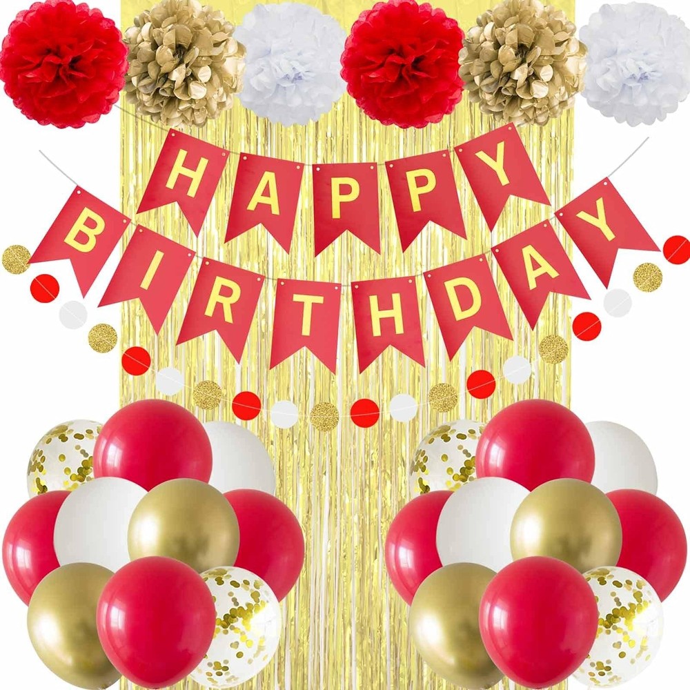 Red and Gold Happy Party Decorations with Banner Balloons Pom Poms Foil Fring…