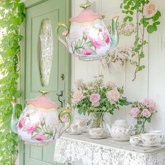 4Pcs Teapot Balloon Set/Alice Party Teapot Mylar Balloons+Flower Exploding St…