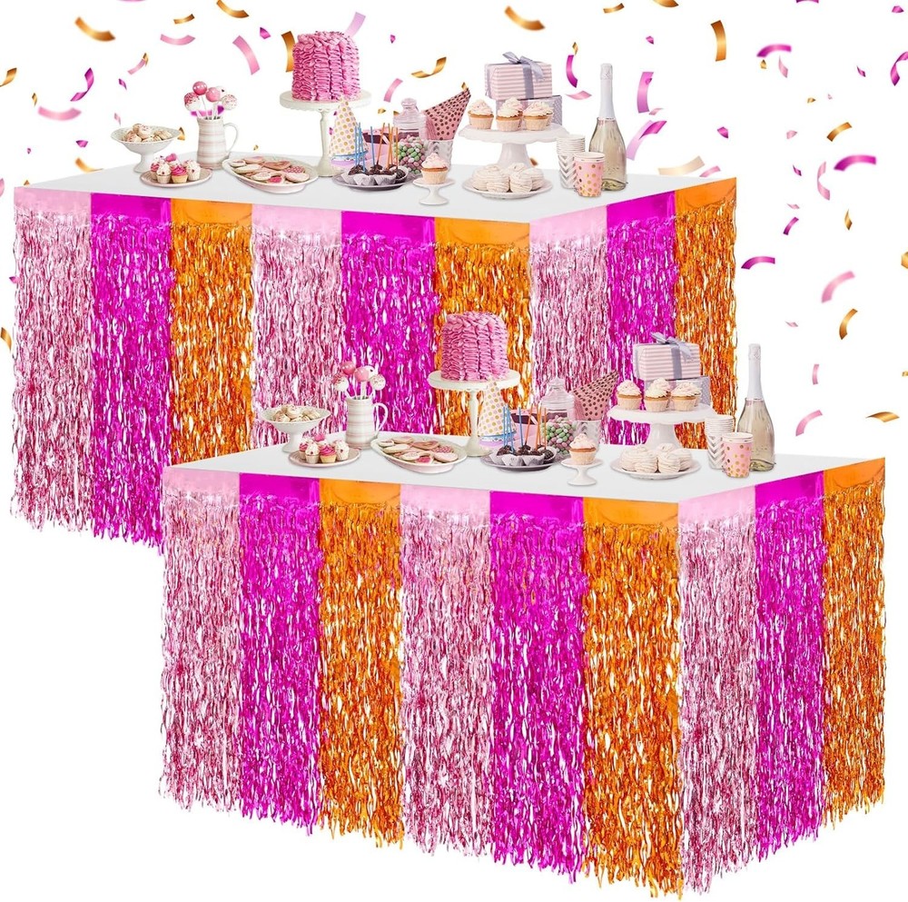 Metallic Tinsel Foil Fringe Table Skirts Light Pink Hot Pink Orange Wavy