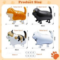 8-Pack Walking Cat Balloons – Cute Foil Kitty Balloons with Ribbons for Kids’…