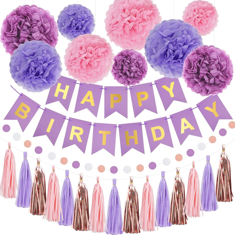 RUBFAC Purple Pink Birthday Party Decorations Set with Happy Birthday Banner, Ti