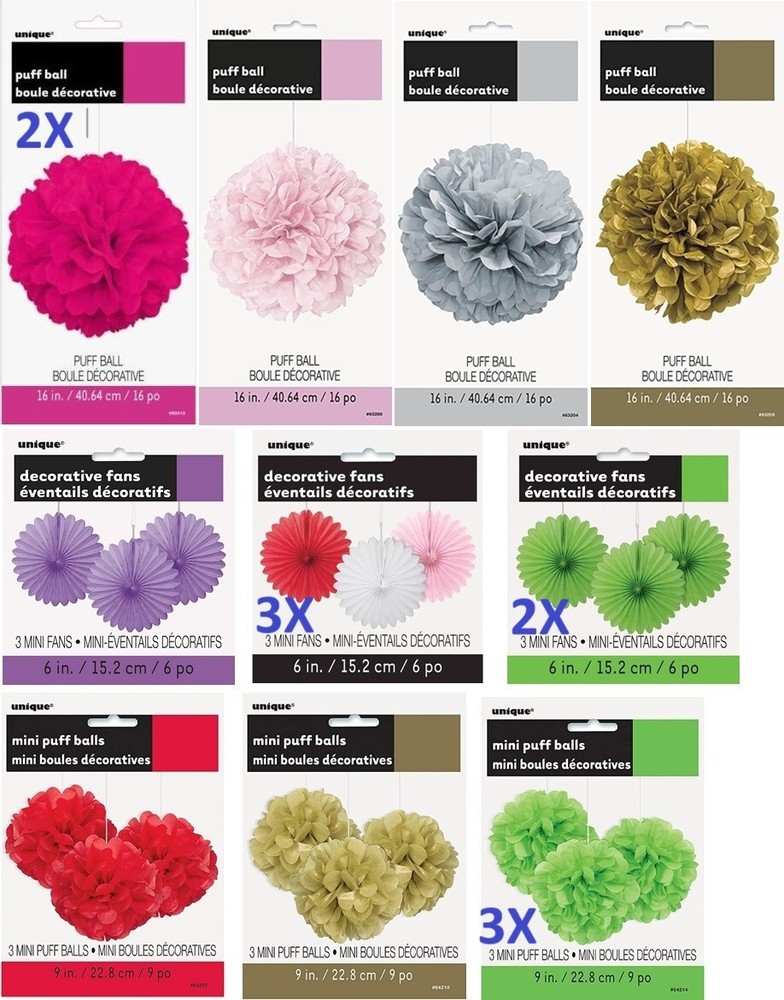 Party decoration bulk- Hanging Puff Balls and Fans 16 piece bundle – NEW