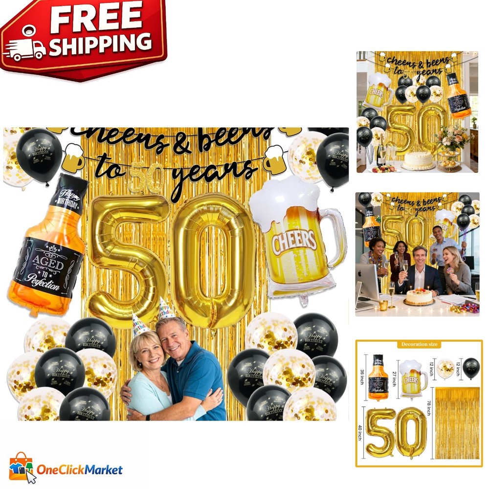 Durable 50th Birthday Decorations with Balloons, Banner & Fringe Curtain