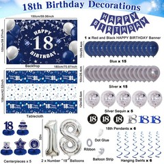 18th Decorations for Boys Girls Blue Silver, Happy 18th Banner 18 Balloon Num…