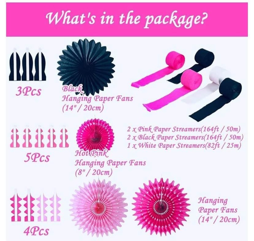 17PCS Hanging Paper Fan Party Decorations & Paper Streamers Pink/Black/White