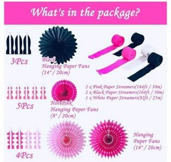17PCS Hanging Paper Fan Party Decorations & Paper Streamers Pink/Black/White
