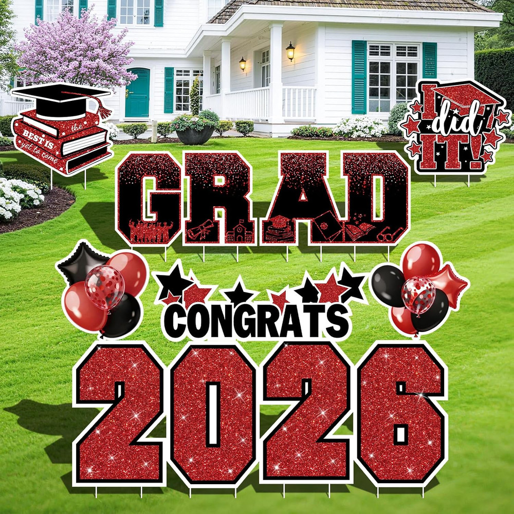 Graduation Yard Signs Class of 2026 Decorations, 11PCS Red Black Congrats Grad 2