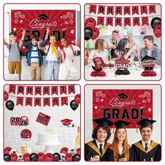 Graduation Decorations 2026 Set – Red Themed Congrats Grad Banner, Backdrop, Han