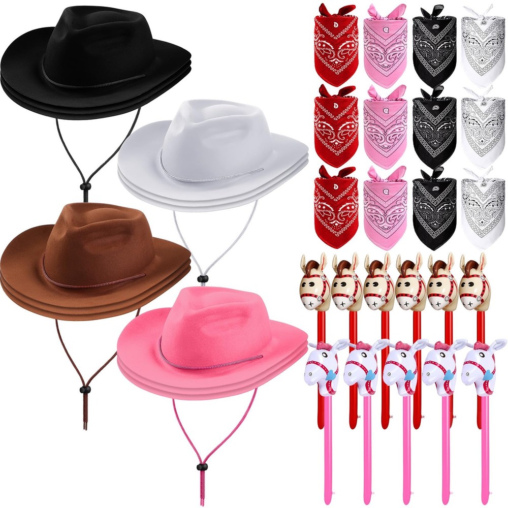 36 Pcs Cowboy Party Costume Set, Cowboy Hats Paisley Bandanas Inflatable Stic…
