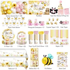 Bee Themed 1st Birthday Decorations – Balloon Arch, Plates, Napkins & Banner