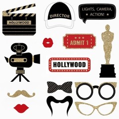 Fully Assembled Hollywood Photo Booth Props – Set of 27 – Black Gold Red Self…