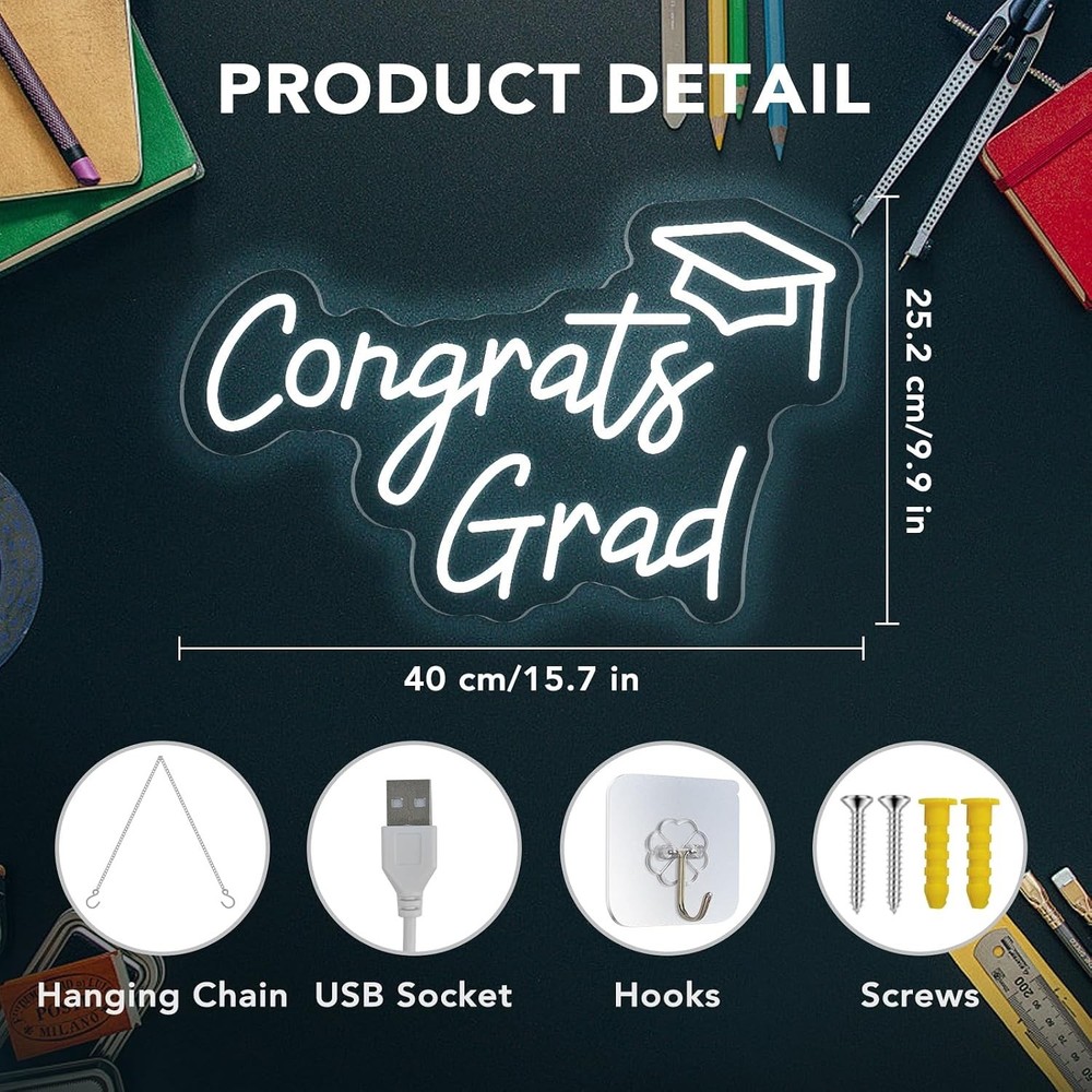 Congrats Grad Neon Sign USB Powered LED Light Graduation Party Decoration