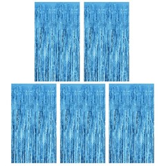 5 PCS Sky Blue Foil Fringe Curtains 3.28×6.56 Ft Metallic Tinsel Backdrop