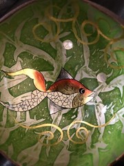 3 Coconut Shell Bowls Hand Painted Dragonflies Lotus Flower Gold Fish Luau Party