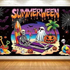 Summerween Backdrop Halloween Beach Skeleton Sunset Banner Photo Background