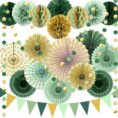 Sage Green Gold Party Decorations, Paper Fans Honeycomb Balls Circle Garlands fo