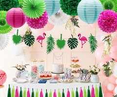 29Pcs Tropical Flamingo Palm Leaf Party Decorations Set – Paper Fans, Pom Pom…
