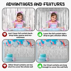 2 Pack Silver Foil Fringe Backdrop Curtains, Tinsel Streamers, Party Decor