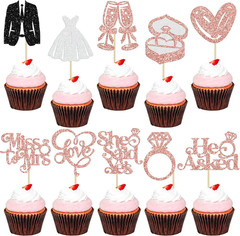 30Pcs She Said Yes Cupcake Toppers Glitter Diamond Ring I Do Love Cupcake Picks