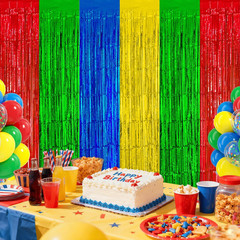 2 Pack Red Green Blue Yellow Foil Fringe Curtains Tinsel Backdrop Streamer