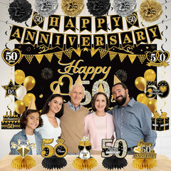 Happy 50Th Anniversary Decorations Kit, Black Gold 50Th Wedding Anniversary Part