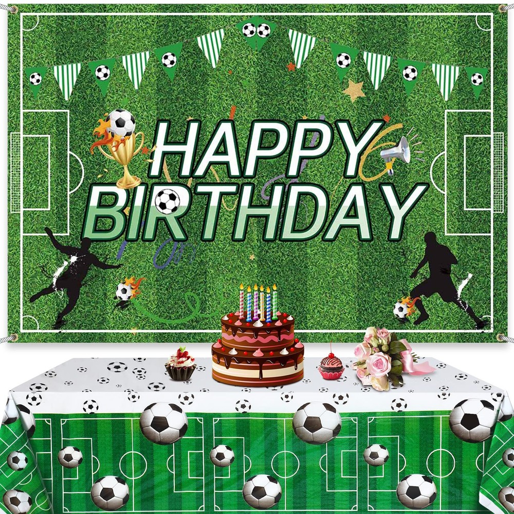 Soccer Happy Birthday Backdrop and Table Cover Set for Kids Soccer Themed Party