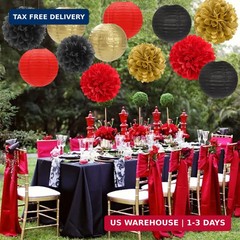 Red-Black Gold Party-Decorations Paper Flowers Lanterns – 15PCS Casino Theme Hal