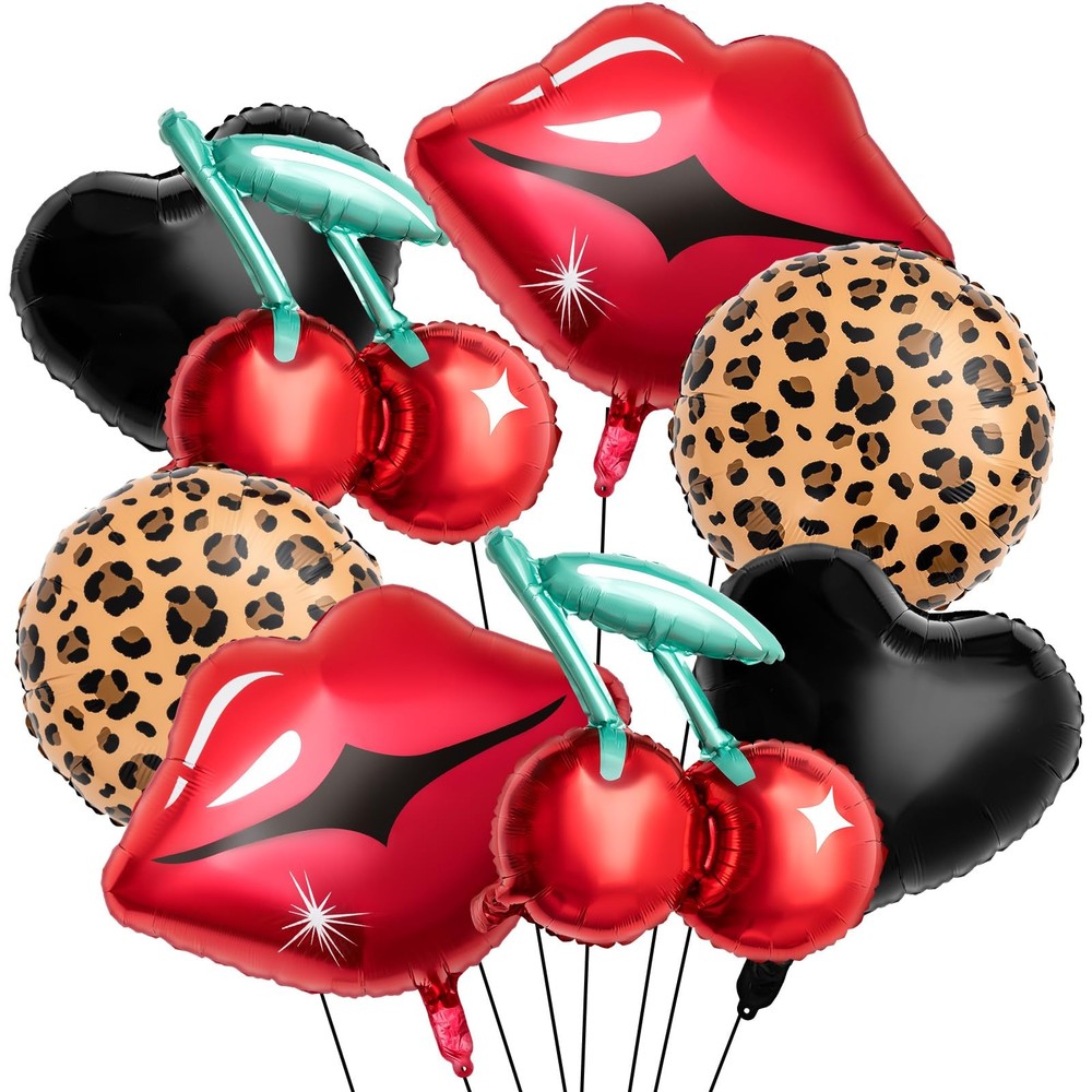 8 Pcs Black and Red Foil Balloons Kit, Cherry Print, Red Lips, Cheetah Patter…