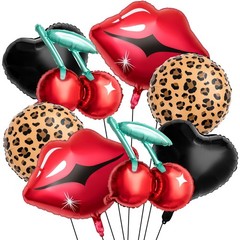 8 Pcs Black and Red Foil Balloons Kit, Cherry Print, Red Lips, Cheetah Patter…