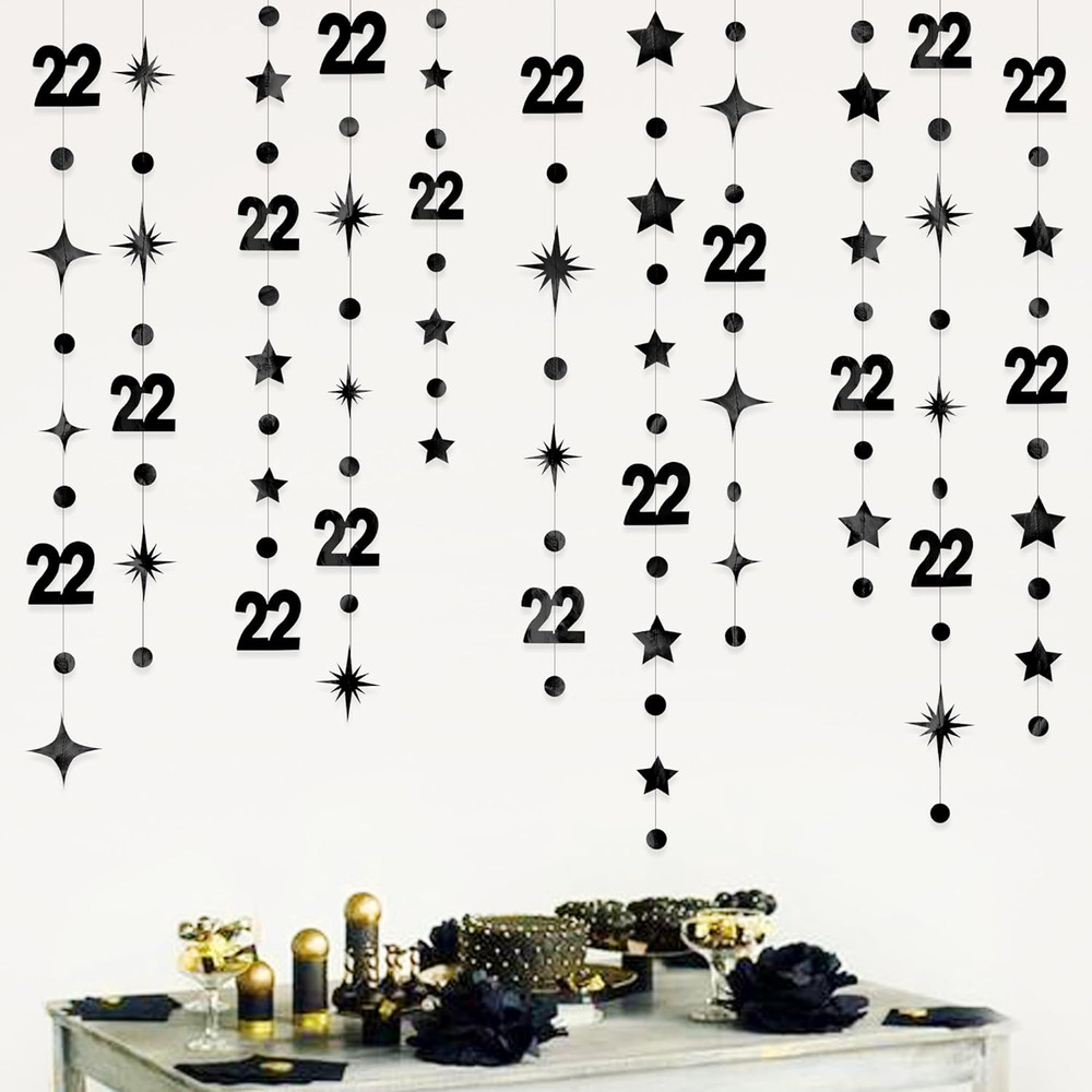 Black 22Nd Birthday Decorations Number 22 Circle Dot Star Garland Streamer Bunti