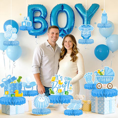 Boy Baby Shower Decorations Set – Kit with blue Honeycomb Centerpiece, Baby Reve