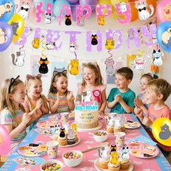 159Pcs Cat Party Decoration Kitty Birthday Balloon Cake Topper Tablecloth Banner