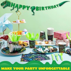 Dino Birthday Party Set 145pc 24 Guests Cups Napkins T-Rex Banner Plates Cutlery