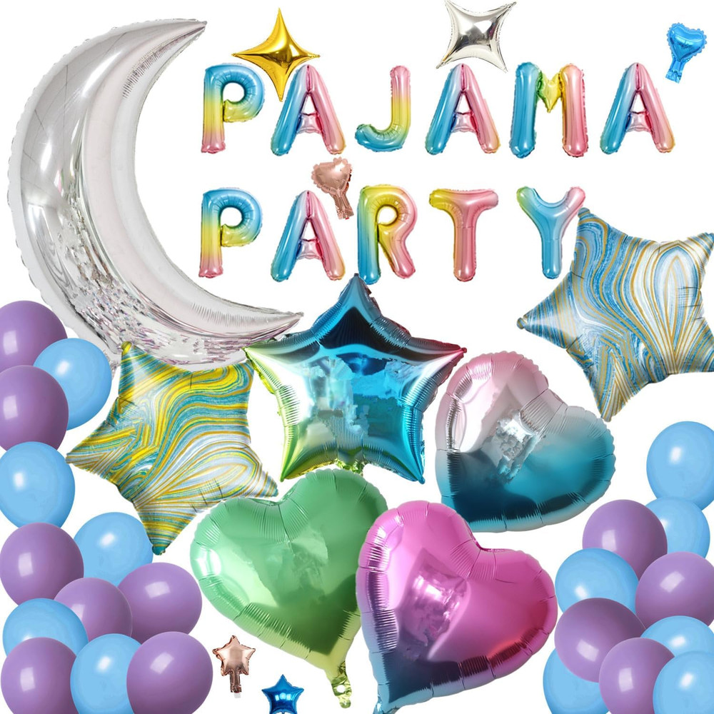 44 Pieces PAJAMA PARTY Balloons Silver Moon Star Rainbow Gradient Heart Aluminum