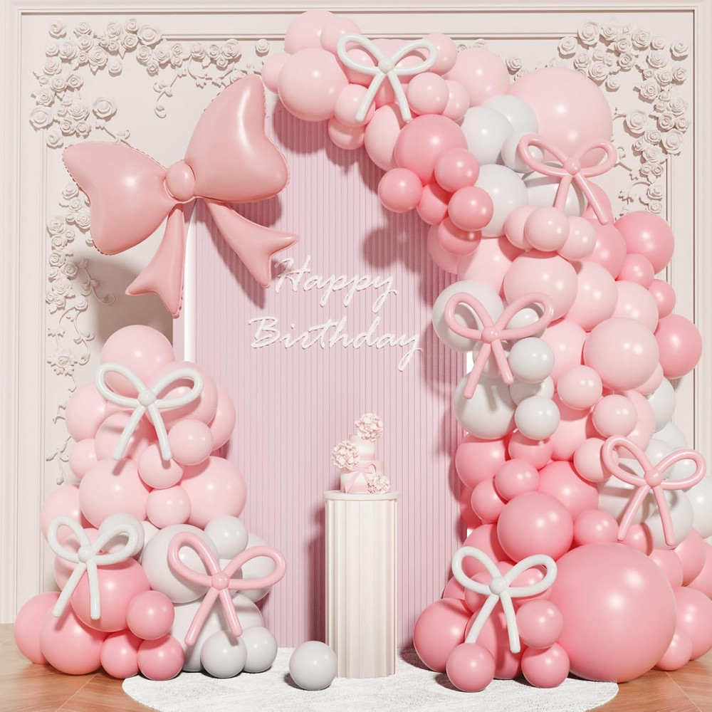 Coquette Birthday Decorations, 149 Pcs Pink and White Bow Balloon Garland Arch K