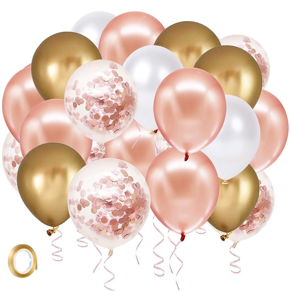 Rose Gold Confetti Latex Balloons, 60 Pack White Balloons 12 Inch with Gold R…
