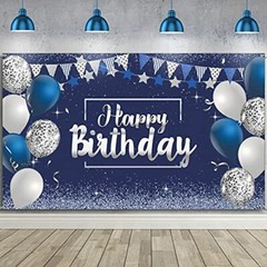 Blue Silver Happy Birthday Decorations Banner Backdrop for Men Women Boys Girls