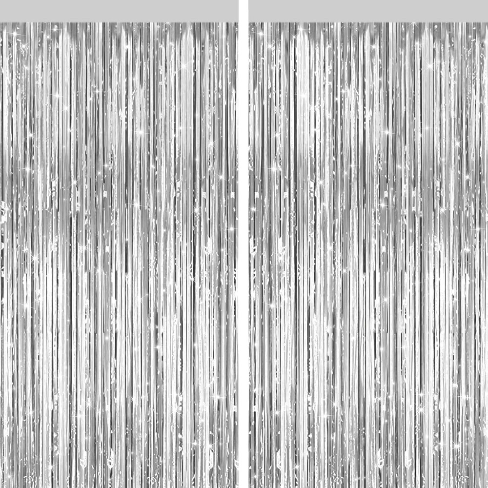 2 Pack Silver Metallic Tinsel Foil Fringe Curtains, Door Streamers Photo Booth B